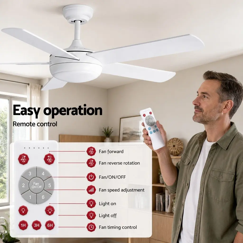 52 Inch Ceiling Fan DC Motor 5 Blades LED Light Remote Control White