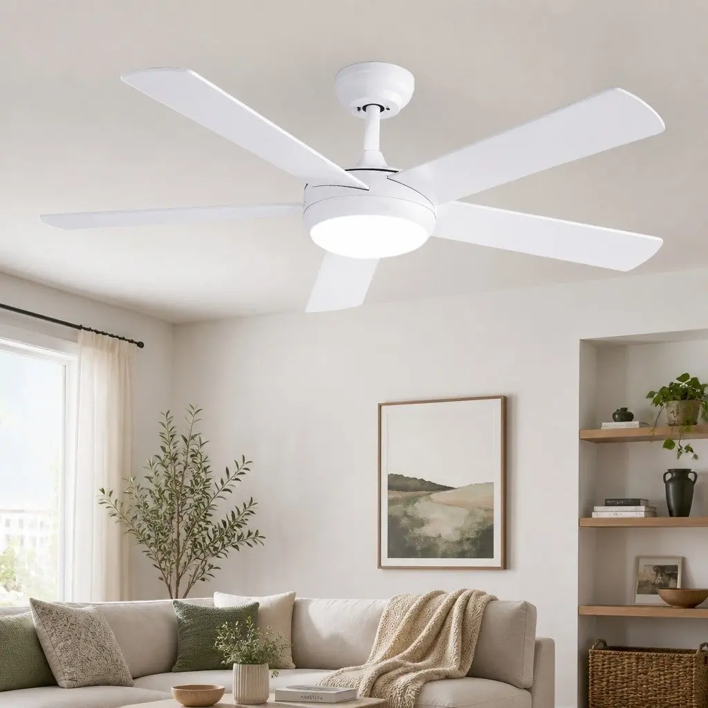 52 Inch Ceiling Fan DC Motor 5 Blades LED Light Remote Control White