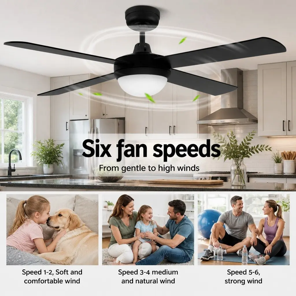 Ceiling Fan DC Motor 52 Inch LED Light Remote Control Black 6 Speed Reverse