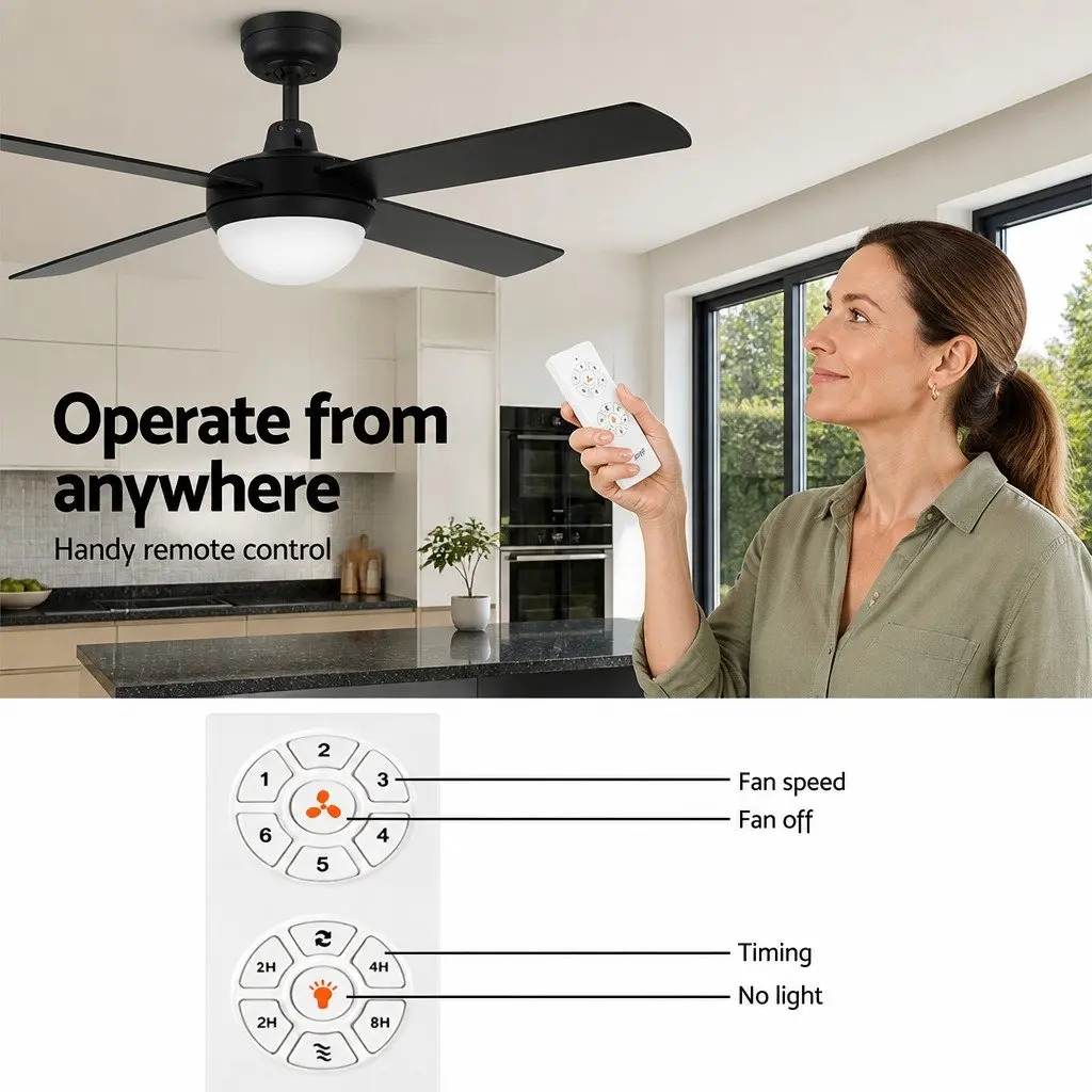 Ceiling Fan DC Motor 52 Inch LED Light Remote Control Black 6 Speed Reverse