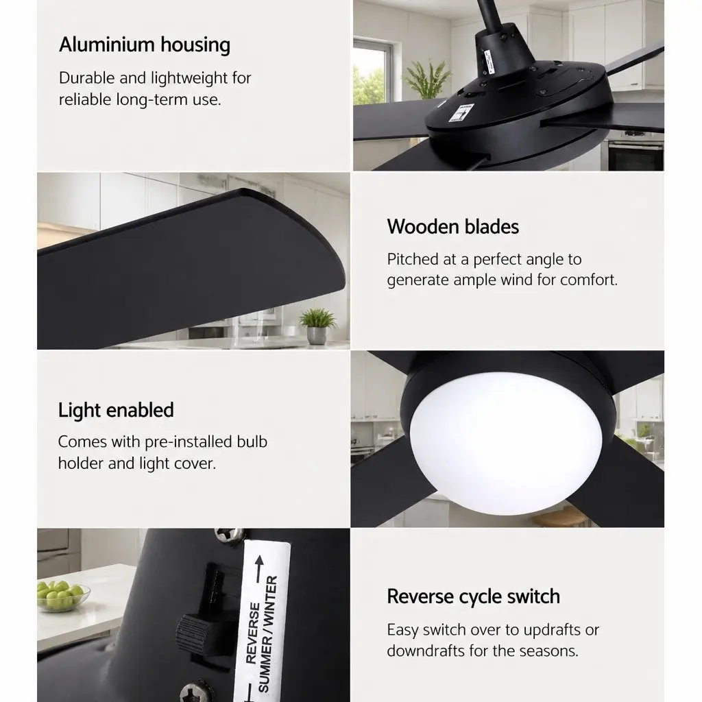 Ceiling Fan DC Motor 52 Inch LED Light Remote Control Black 6 Speed Reverse