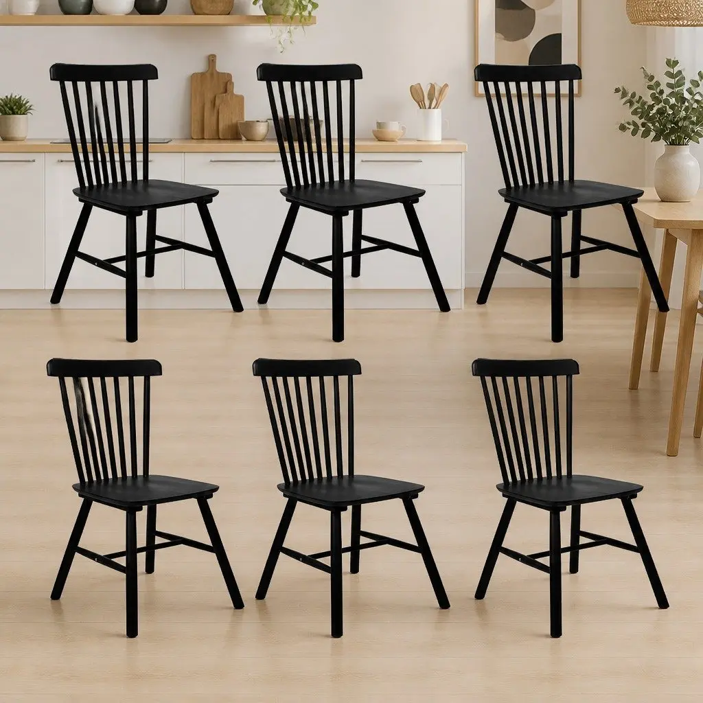 Dining Chairs Windsor Black Solid Wood Frame Set of 6