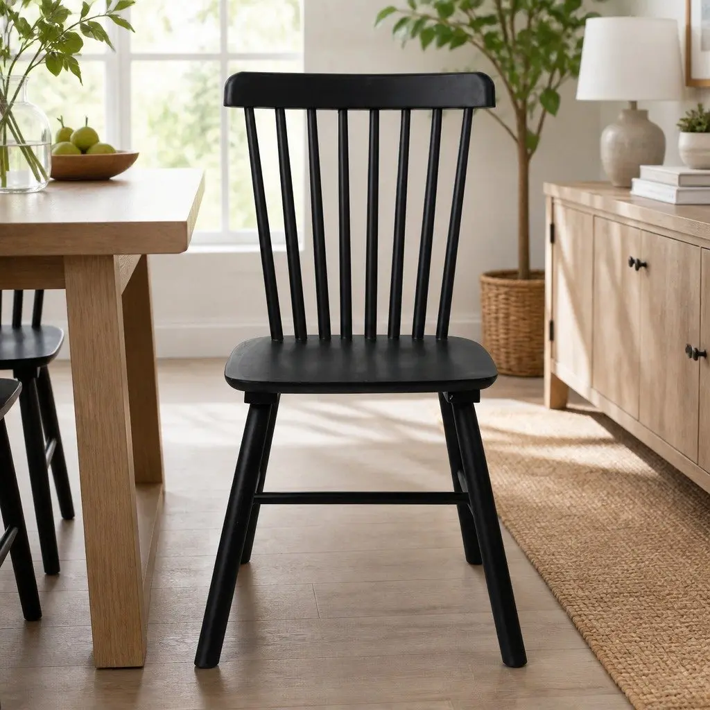 Dining Chairs Windsor Black Solid Wood Frame Set of 6