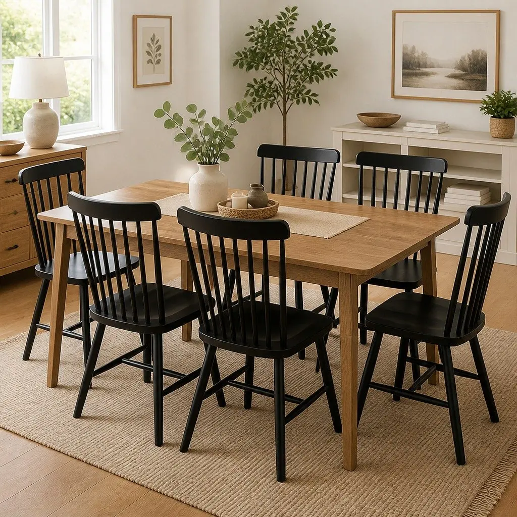 Dining Chairs Windsor Black Solid Wood Frame Set of 6