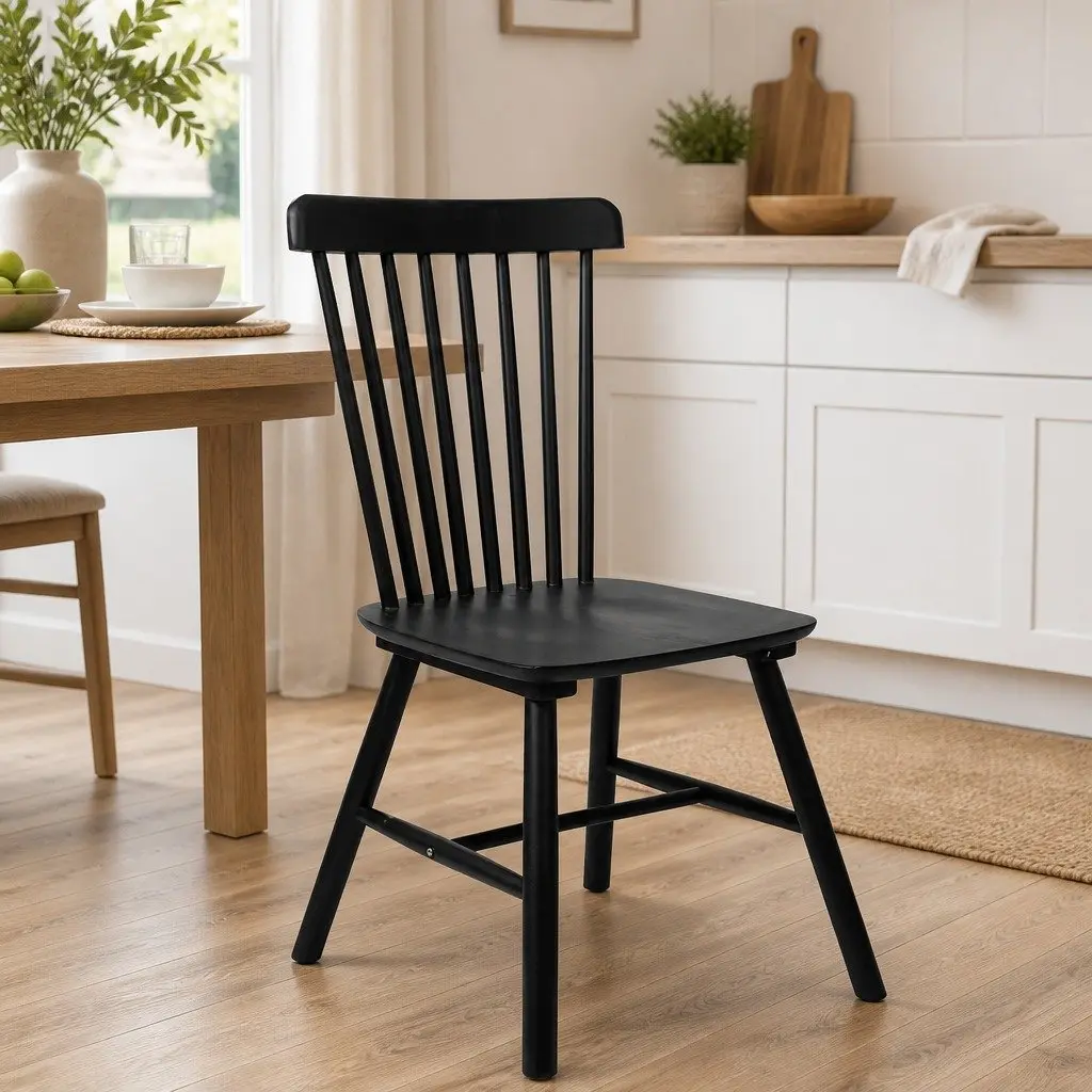 Dining Chairs Windsor Black Solid Wood Frame Set of 6