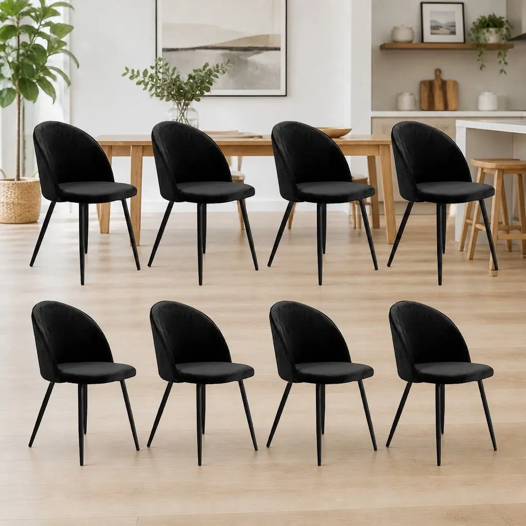 Dining Chairs Set of 8 Kitchen Cafe Black Upholstered Velvet Seats
