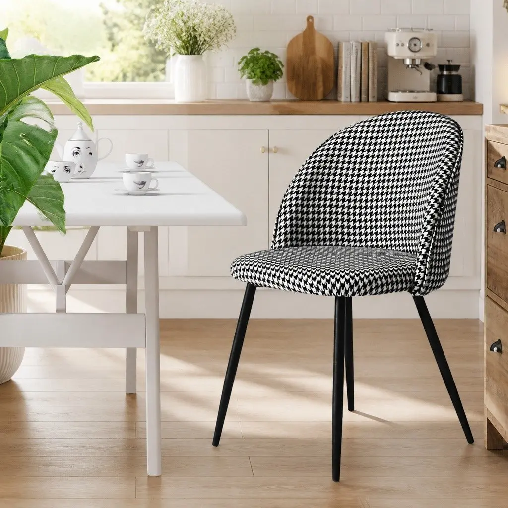 Dining Chairs Houndstooth Fabric Steel Frame Black White 2 Piece