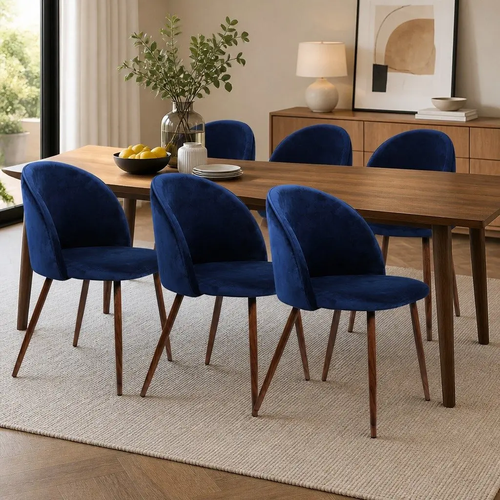 Set of 6 Dining Chairs Navy Velvet Upholstery French Provincial Style Ergonomic Backrest