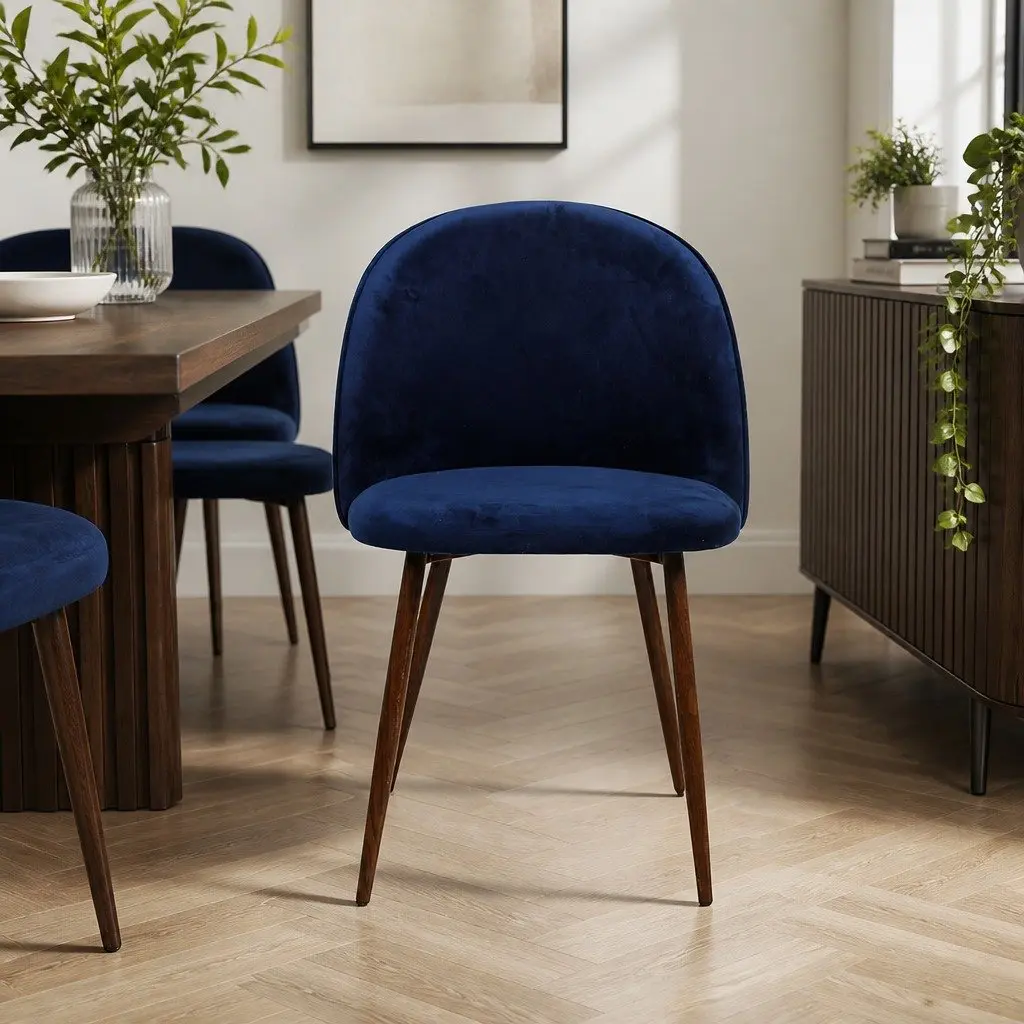 Set of 6 Dining Chairs Navy Velvet Upholstery French Provincial Style Ergonomic Backrest