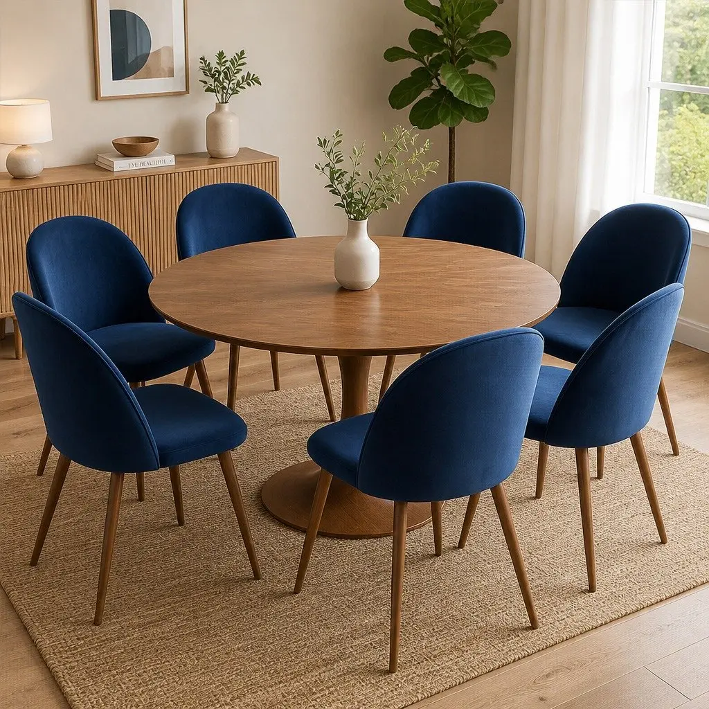Set of 6 Dining Chairs Navy Velvet Upholstery French Provincial Style Ergonomic Backrest