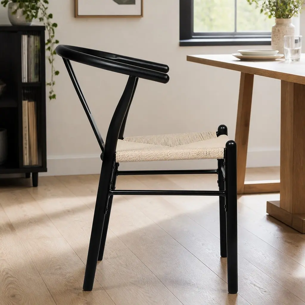 Dining Chairs Set of 4 Wooden Rattan Seat Black Modern Kitchen Furniture