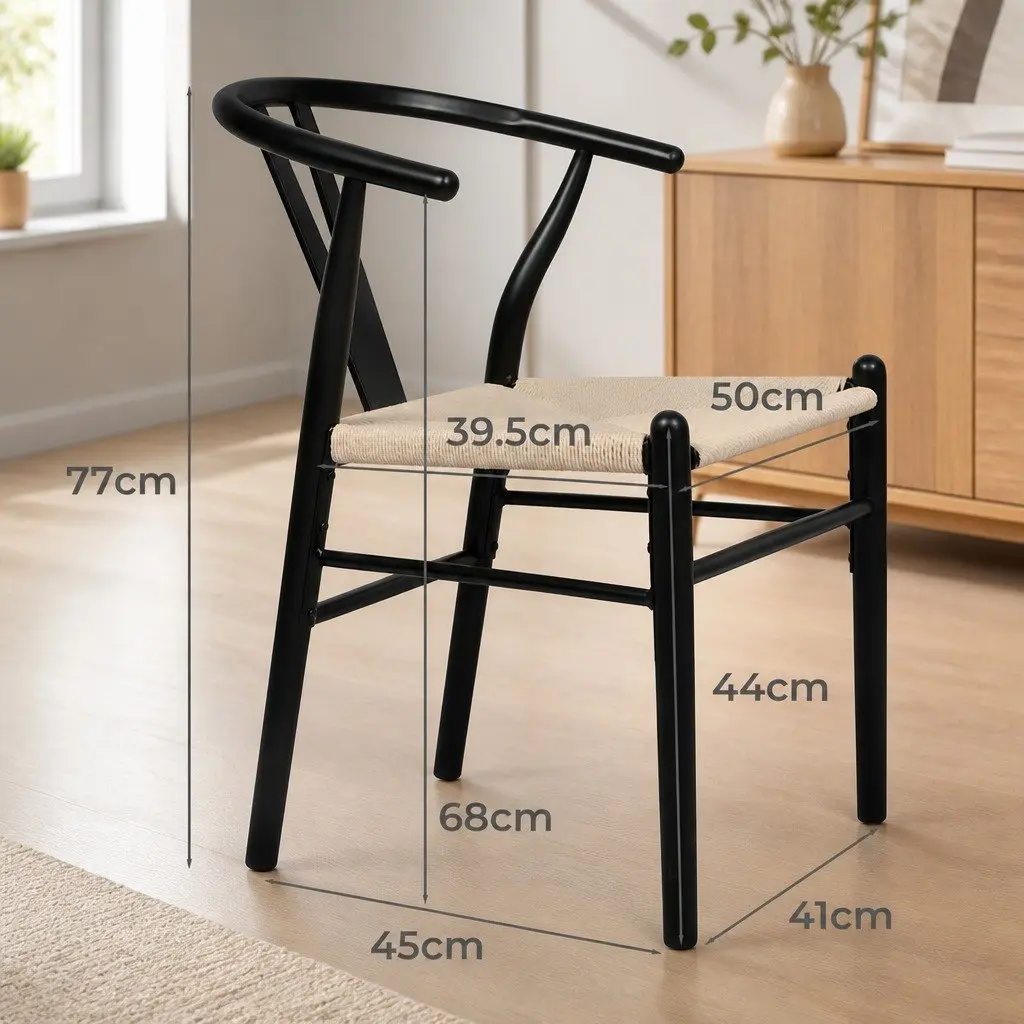 Dining Chairs Set of 4 Wooden Rattan Seat Black Modern Kitchen Furniture