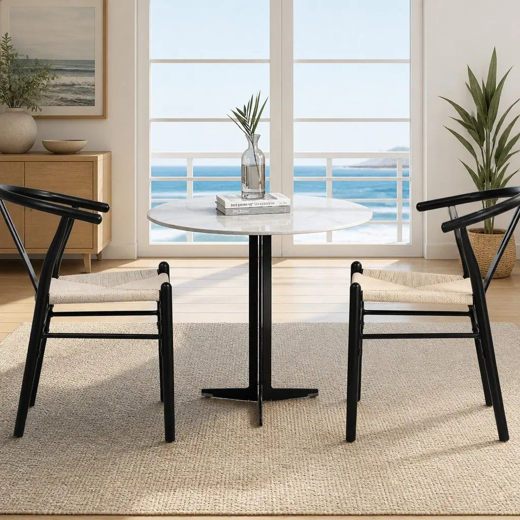 Dining Chairs Set of 4 Wooden Rattan Seat Black Modern Kitchen Furniture