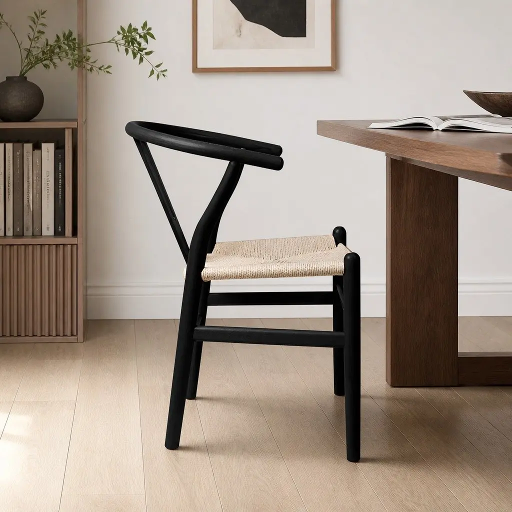 Dining Chairs Wooden Seat Black Modern Design Rattan Seating Set of 2