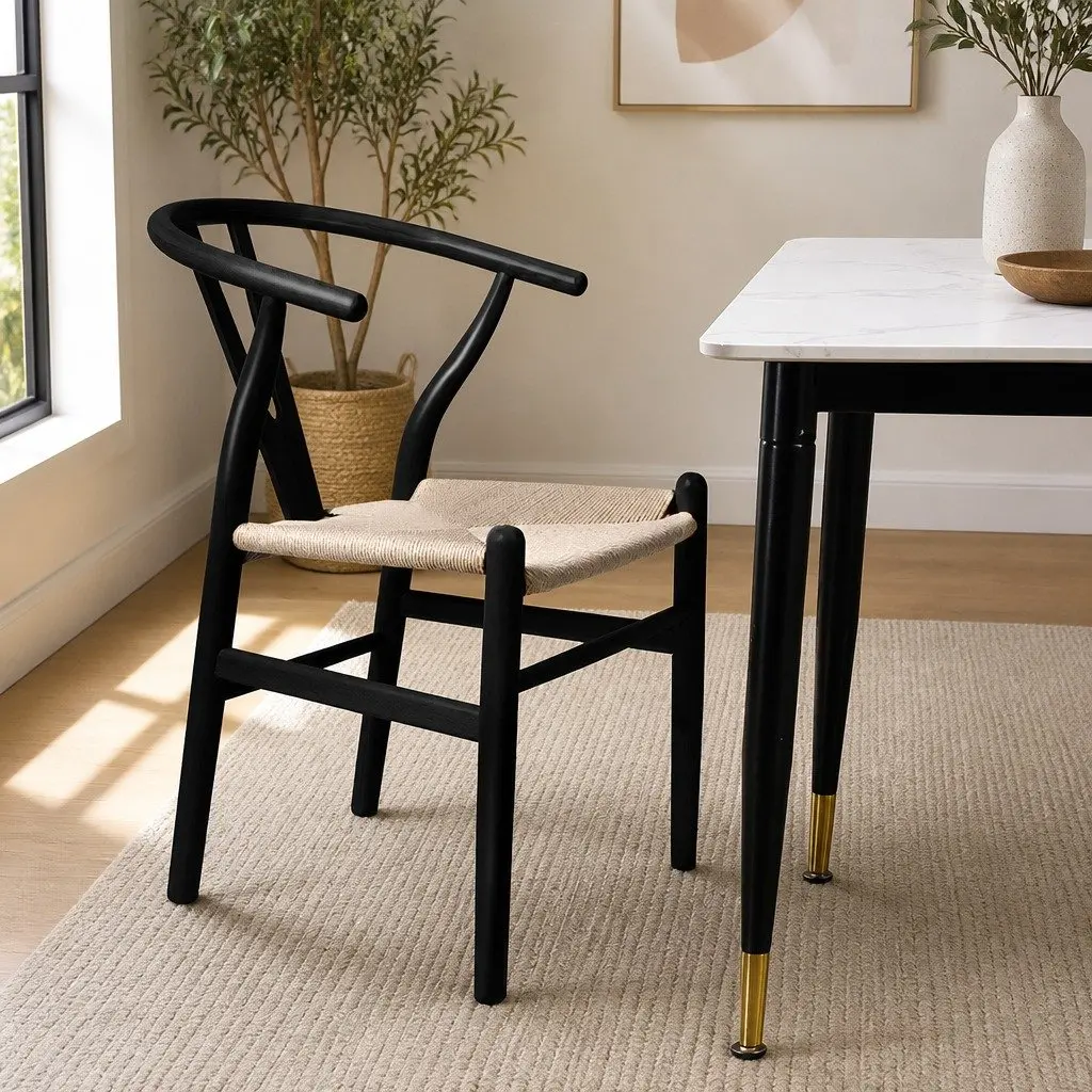 Dining Chairs Wooden Seat Black Modern Design Rattan Seating Set of 2