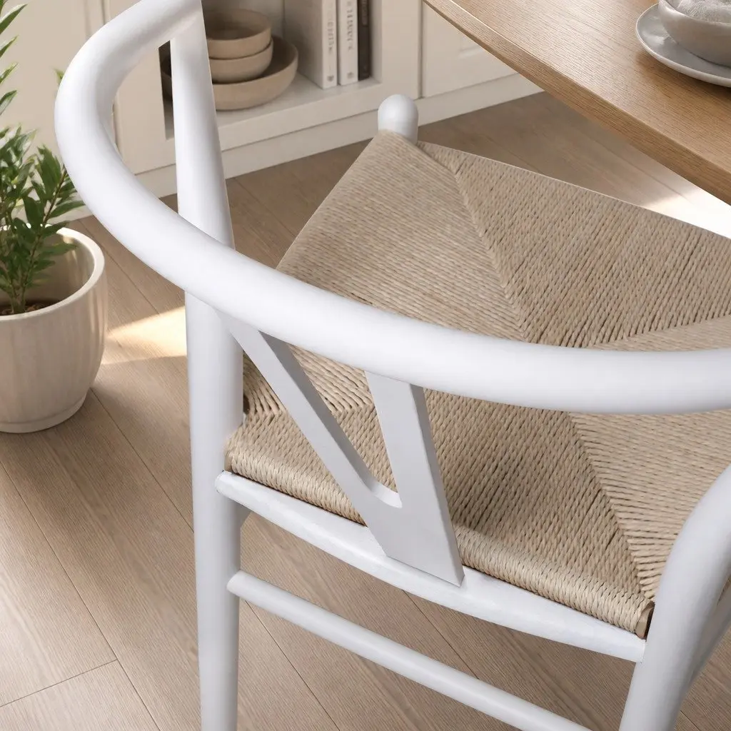 Dining Chairs Set of 6 Wooden Rattan Seat White Kitchen Furniture Modern Design
