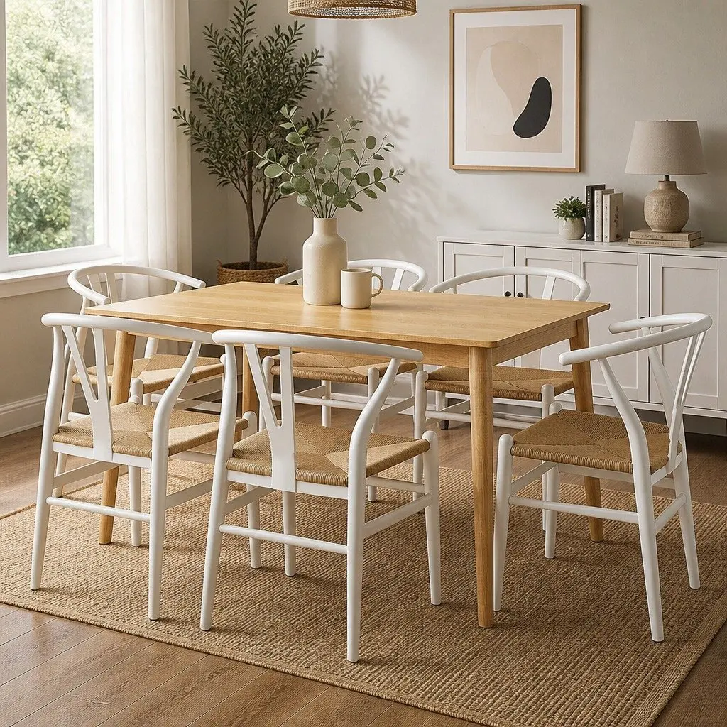 Dining Chairs Set of 6 Wooden Rattan Seat White Kitchen Furniture Modern Design