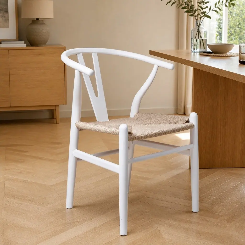 Dining Chairs Wooden Rattan Seat White Modern 2 Piece