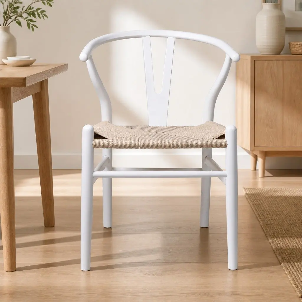 Dining Chairs Wooden Rattan Seat White Modern 2 Piece