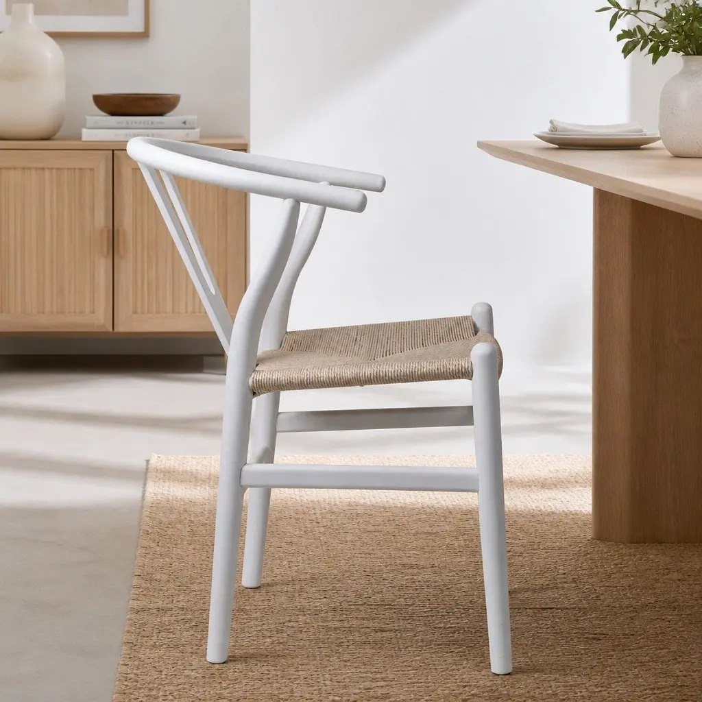 Dining Chairs Wooden Rattan Seat White Modern 2 Piece