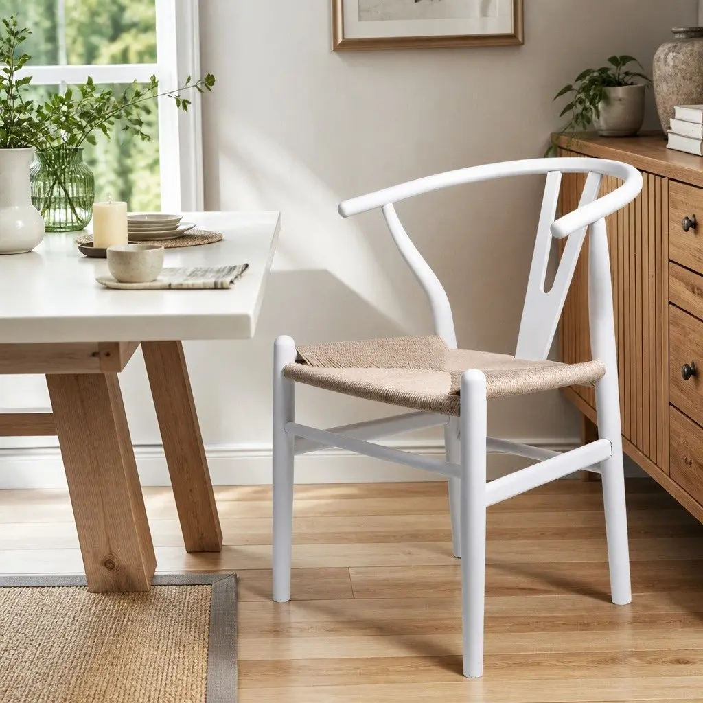 Dining Chairs Wooden Rattan Seat White Modern 2 Piece