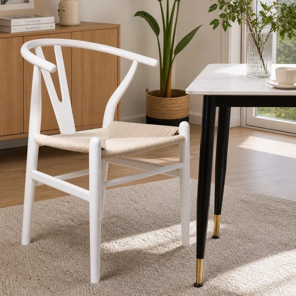 Dining Chairs Wooden Rattan Seat White Modern 2 Piece