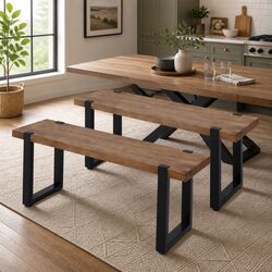 Dining Bench Chair 140cm Wooden Seat Industrial Design Steel Frame Home