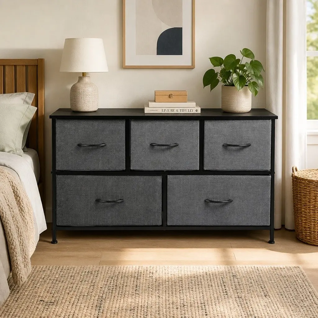 Chest of 5 Drawers Storage Cabinet Dark Grey 100cm H x 30cm W x 55cm D
