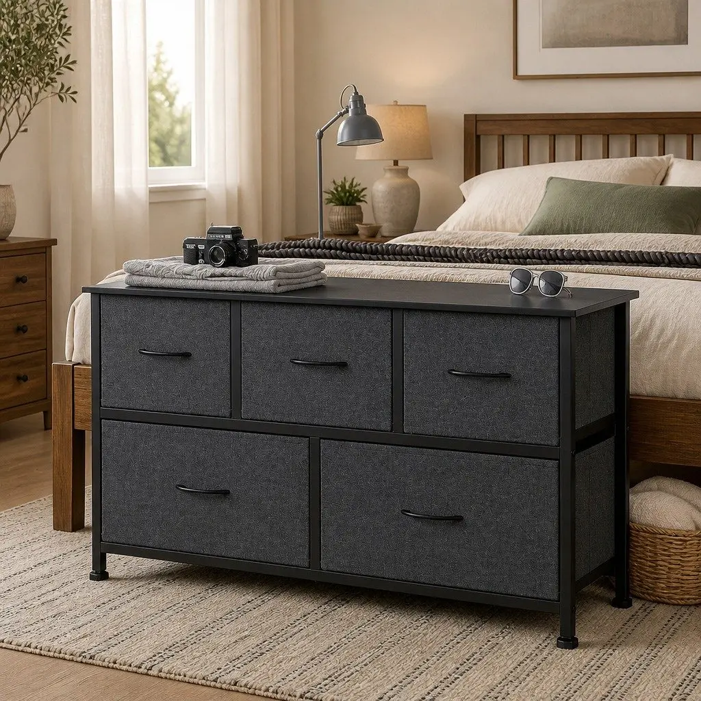 Chest of 5 Drawers Storage Cabinet Dark Grey 100cm H x 30cm W x 55cm D