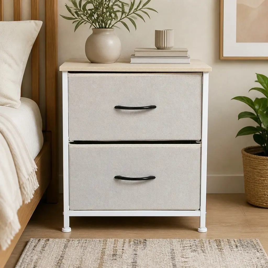 Bedside Chest 2 Drawers Storage Cabinet Organizer Unit Beige 45cm x 30cm x 45cm