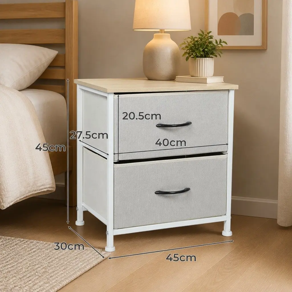 Bedside Chest 2 Drawers Storage Cabinet Organizer Unit Beige 45cm x 30cm x 45cm