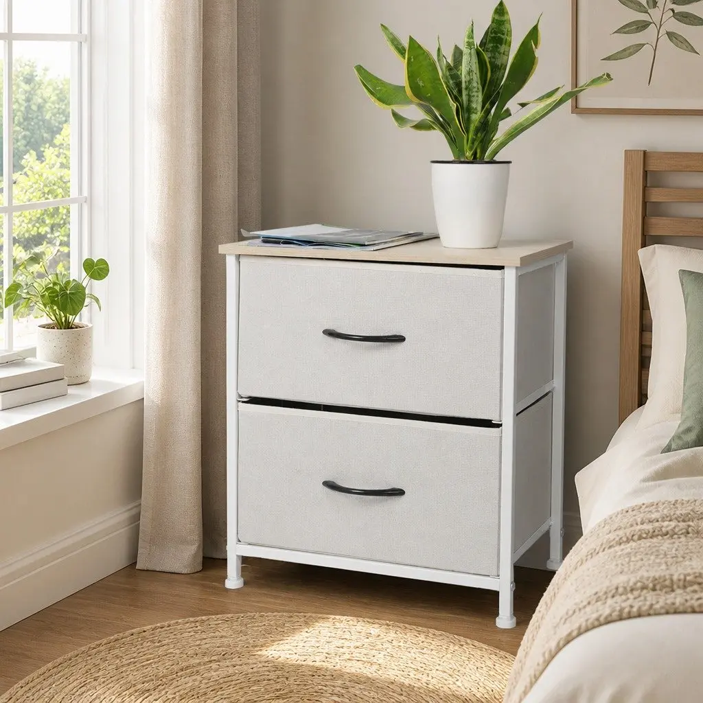 Bedside Chest 2 Drawers Storage Cabinet Organizer Unit Beige 45cm x 30cm x 45cm