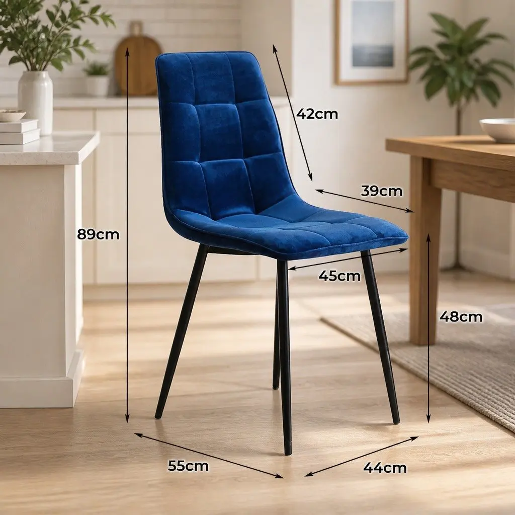 Dining Chairs Set of 4 Kitchen Velvet Blue Retro Design Steel Legs Foam Padding
