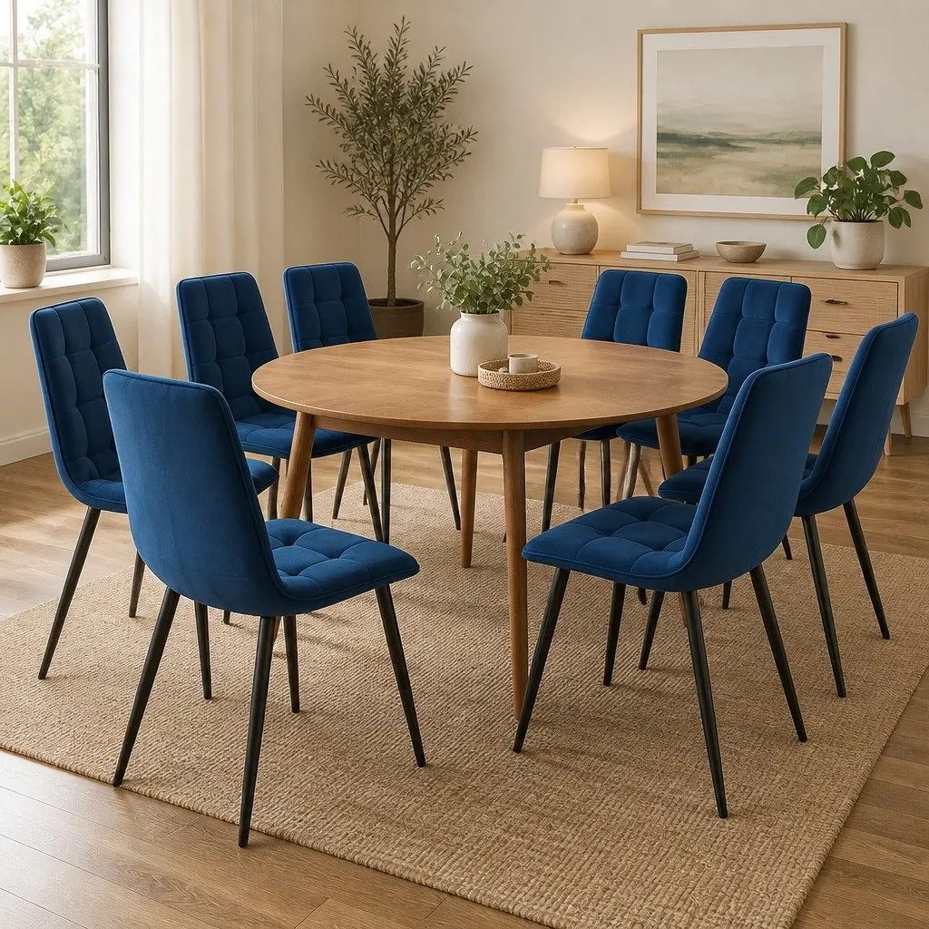 Dining Chairs Set of 4 Kitchen Velvet Blue Retro Design Steel Legs Foam Padding