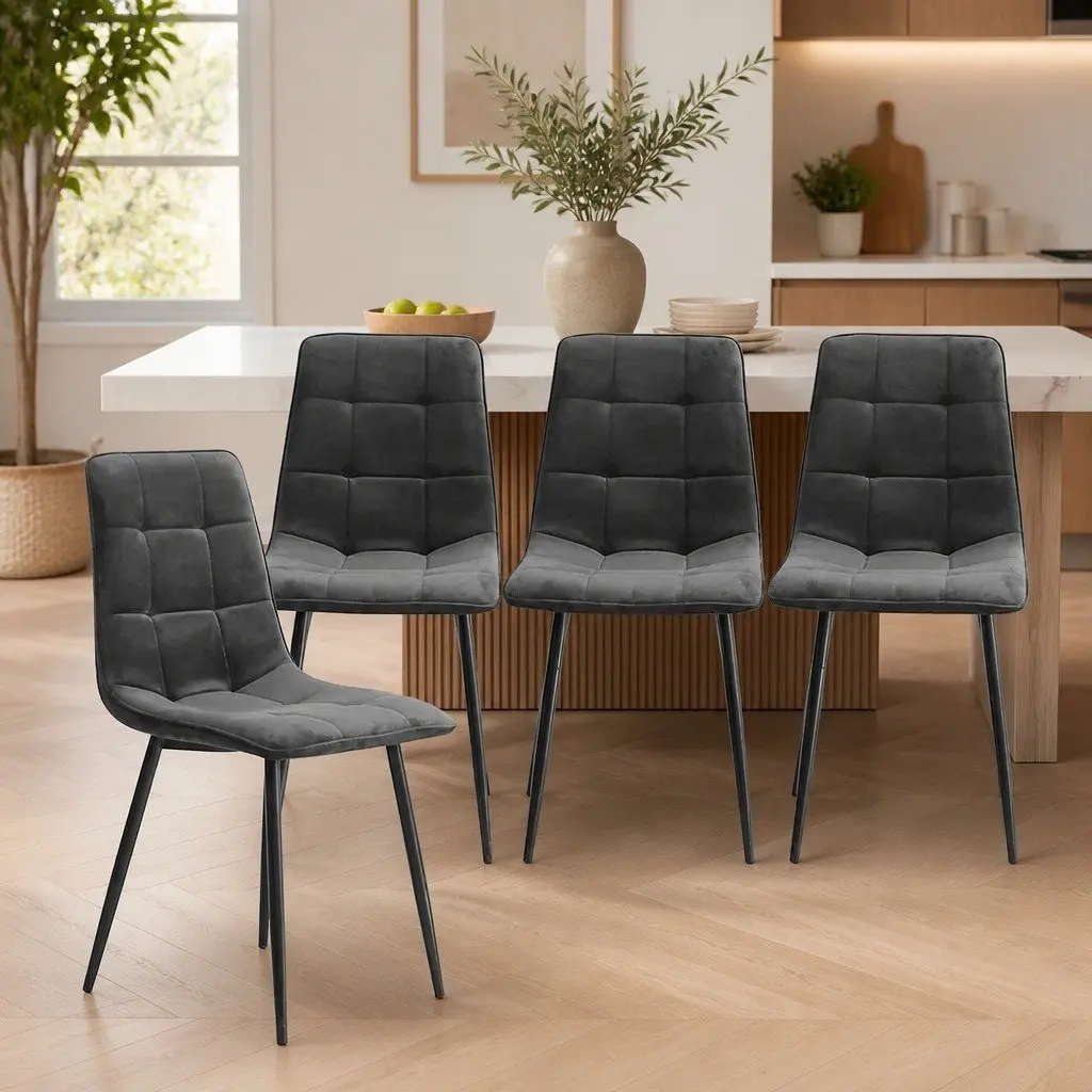 Dining Chairs Velvet Grey Set of 4 High Density Foam Cushion Steel Legs