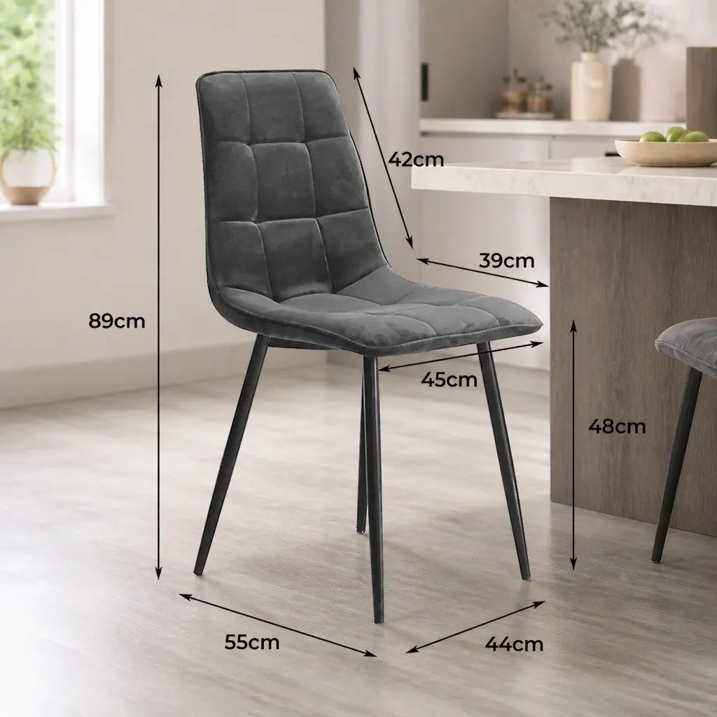 Dining Chairs Velvet Grey Set of 4 High Density Foam Cushion Steel Legs
