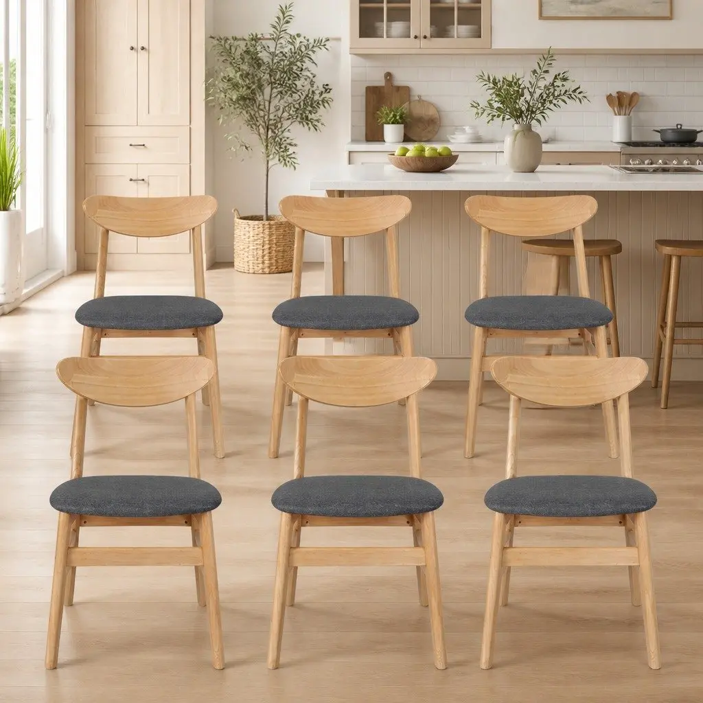 Dining Chairs Natural Wood Frame Linen Upholstery Set of 6