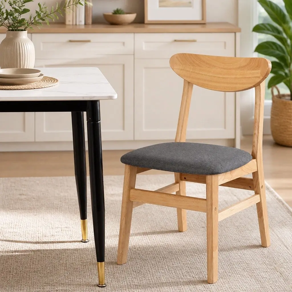 Dining Chairs Natural Wood Frame Linen Upholstery Set of 6