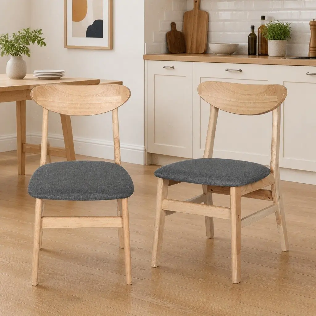 8 Piece Dining Chairs Natural Wood Padded Linen Upholstery Set