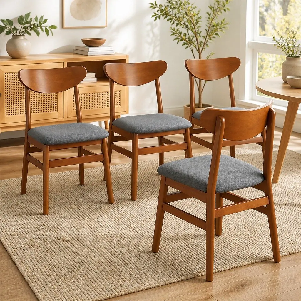 Dining Chairs Set of 4 Wood Frame Linen Upholstery 45cm W x 50cm D x 76cm H