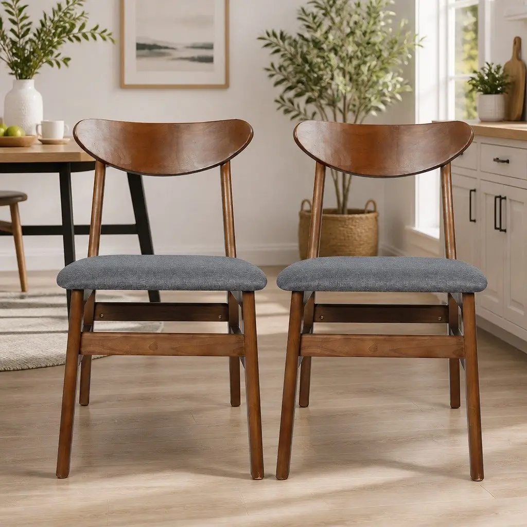 Dining Chairs Set of 6 Linen Upholstered Natural Wood Frame