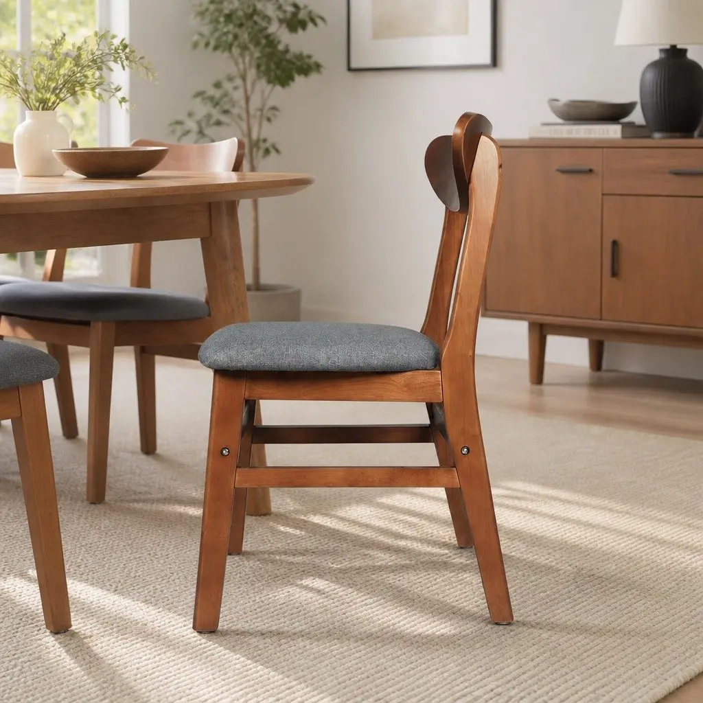 Dining Chairs Set of 6 Linen Upholstered Natural Wood Frame