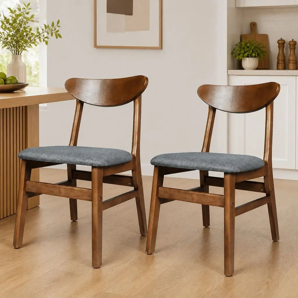 Dining Chairs Set of 6 Linen Upholstered Natural Wood Frame