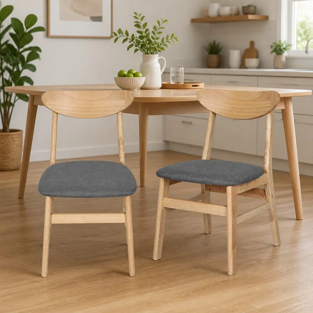Dining Chairs Set of 4 Kitchen Seat Natural Wood Frame Linen Fabric Cushion