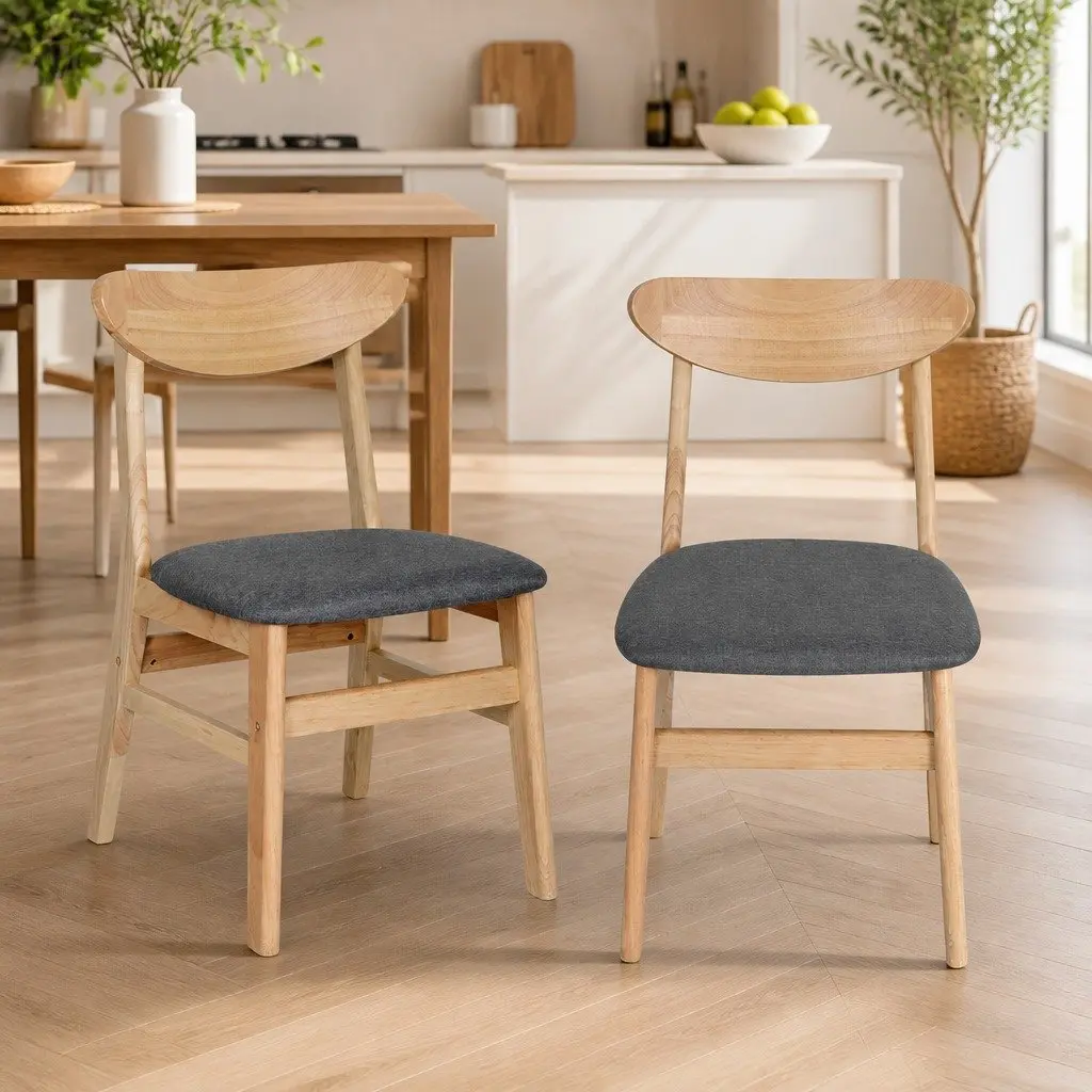 Dining Chairs Set of 4 Kitchen Seat Natural Wood Frame Linen Fabric Cushion