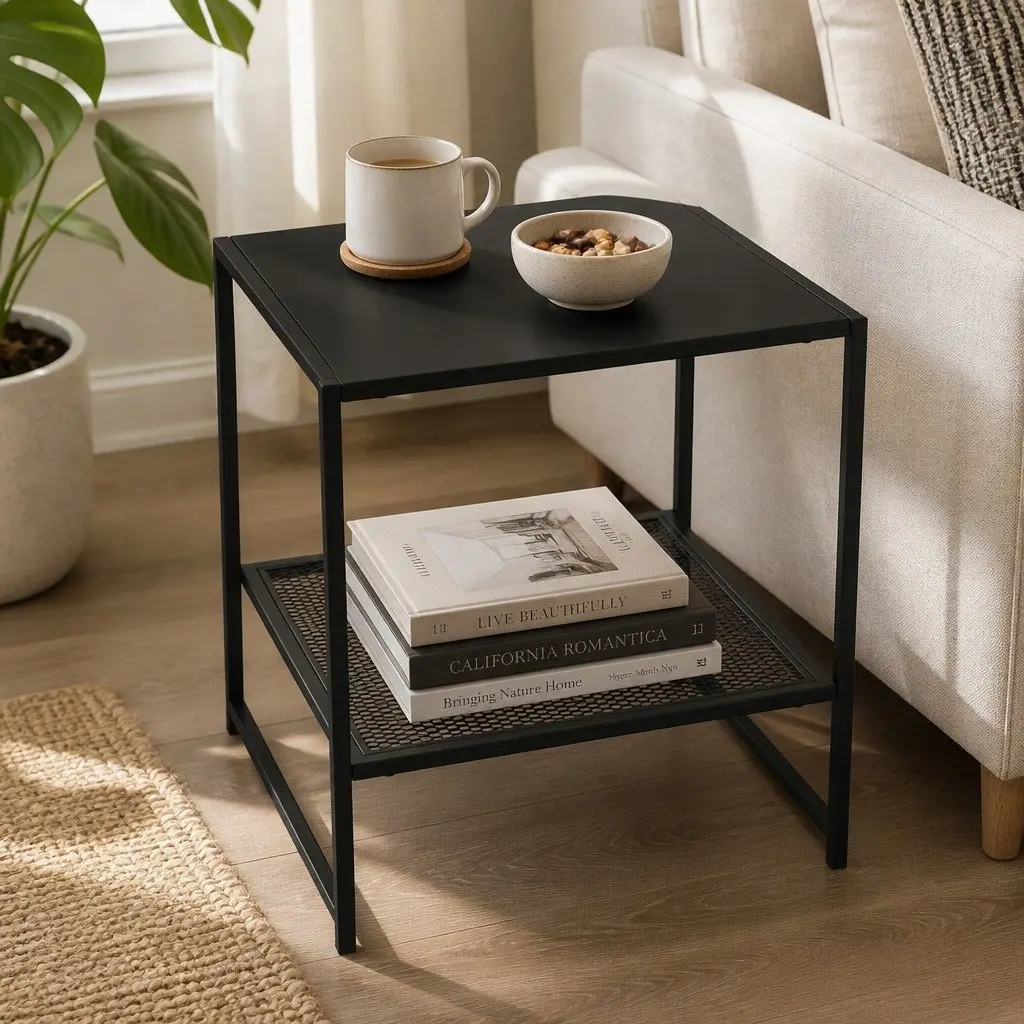 Black Steel Side Table Open Shelves 50.8cm
