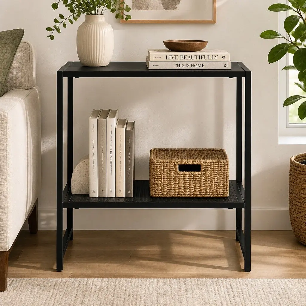 Black Steel Side Table Open Shelves 50.8cm