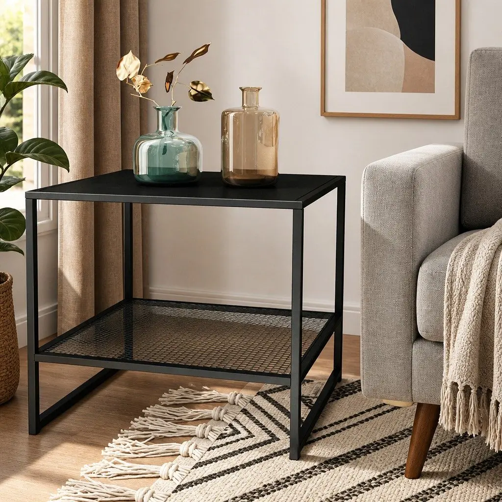 Black Steel Side Table Open Shelves 50.8cm