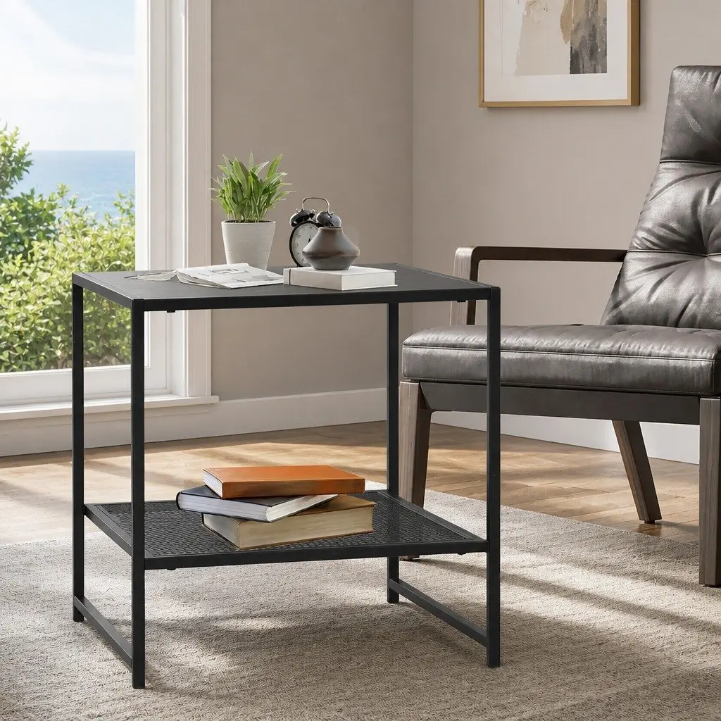 Black Steel Side Table Open Shelves 50.8cm