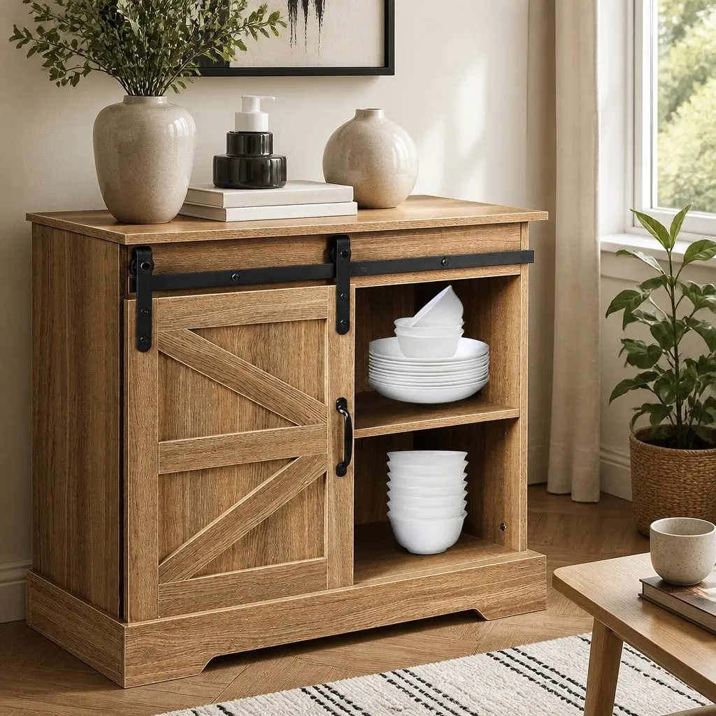 Rustic Sideboard Storage Cabinet with Sliding Barn Door Kitchen Buffet Cupboard